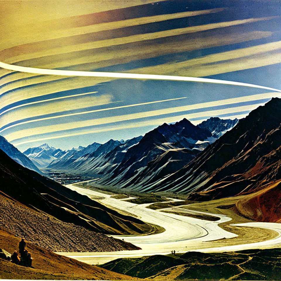 Mountainous landscape with river valleys and digital sky patterns