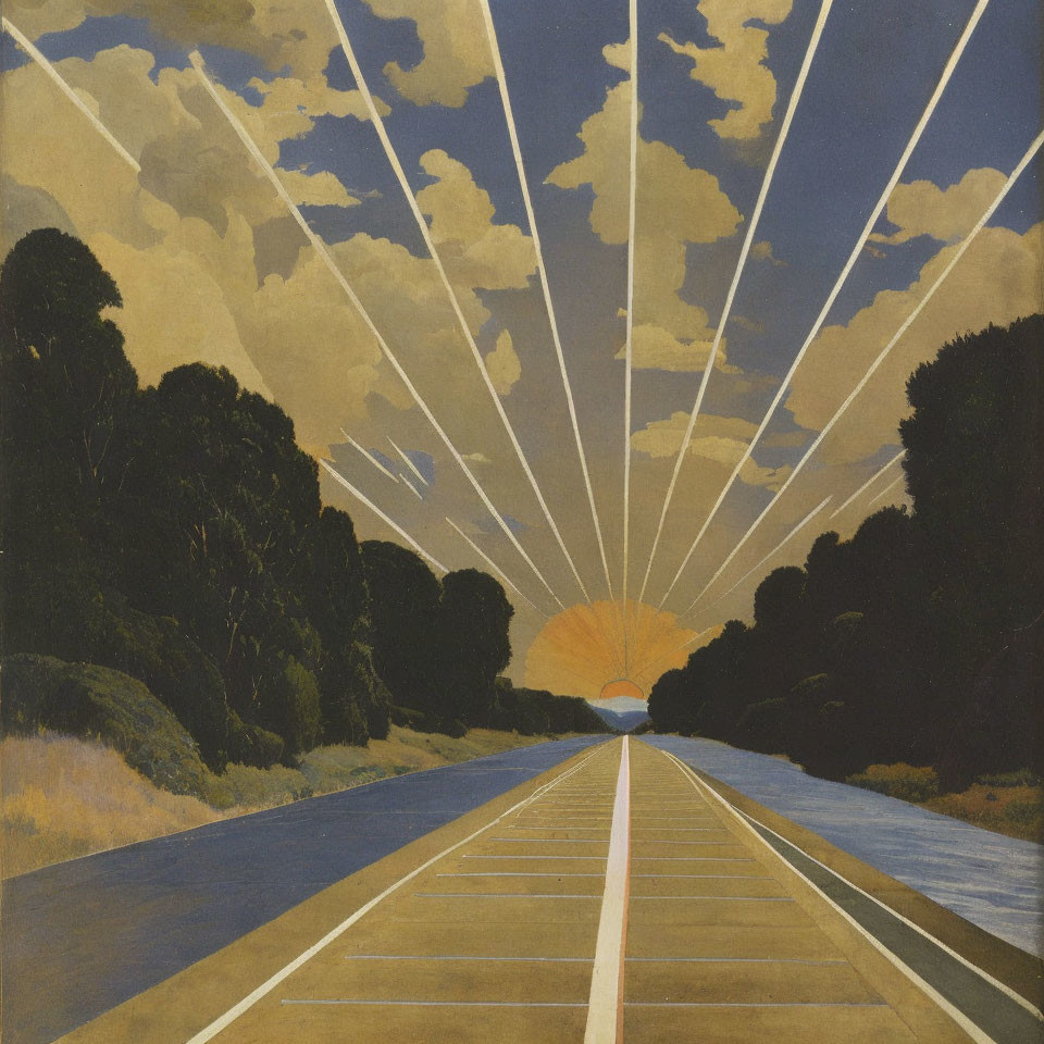 Empty Road Under Vibrant Sunset and Lush Trees