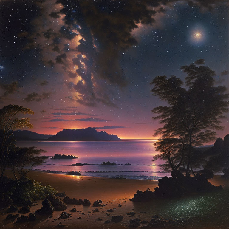 Starry Sky Over Tranquil Beach Night Scene