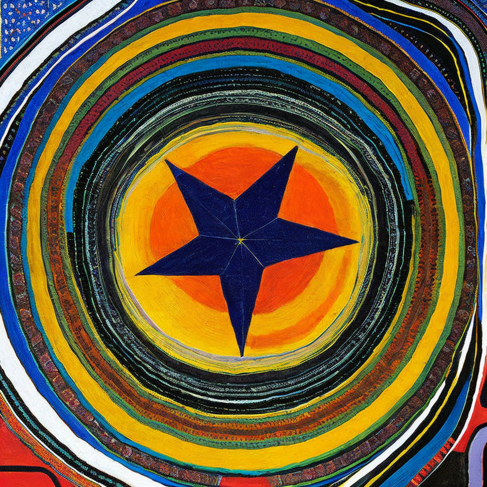 Colorful Abstract Painting with Concentric Circles and Blue Star on Yellow Background