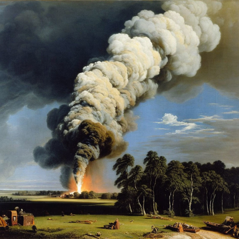 Dramatic explosion with billowing smoke in serene landscape