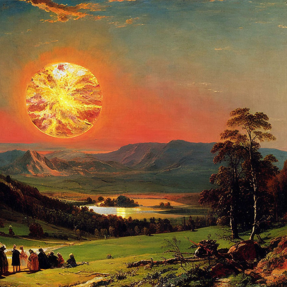 Surreal landscape with oversized fiery sun and figures in 19th-century attire