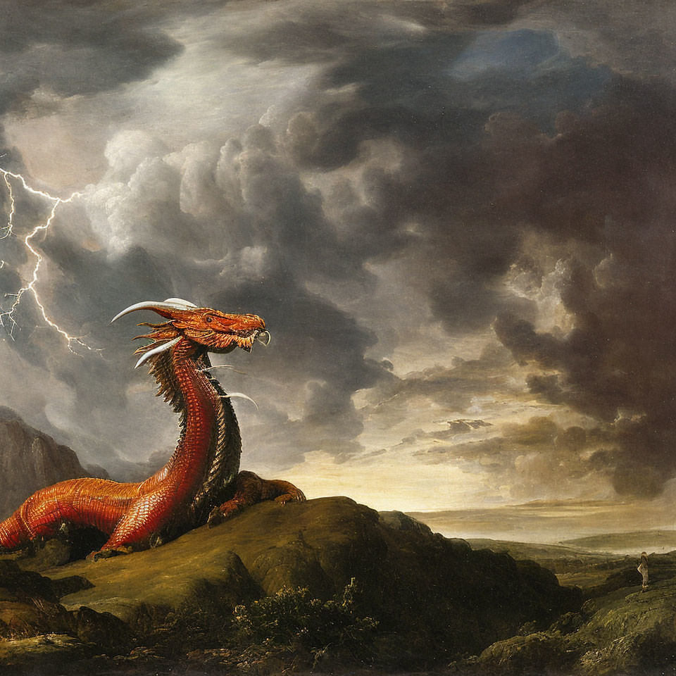 Red dragon on hill under stormy sky with lightning - dramatic painting.