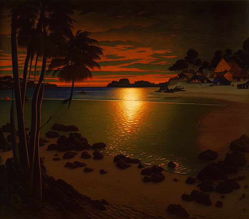 Spectacular Tropical Beach Sunset with Palm Trees and Thatched Huts