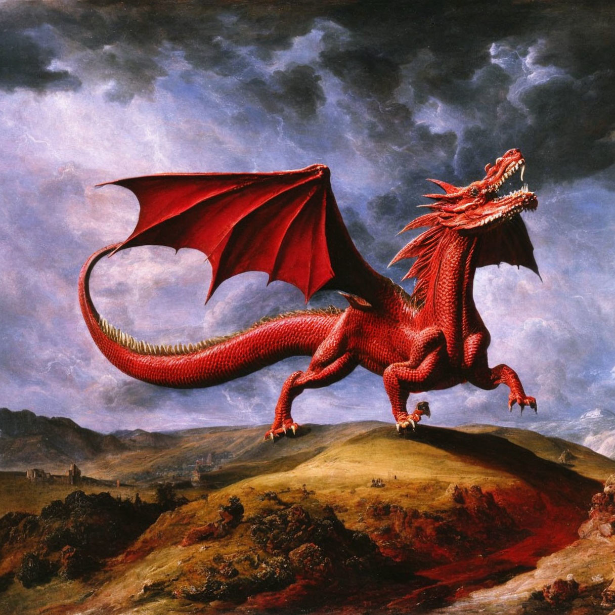 Traditional Red Dragon with Large Wings in Classic Fantasy Painting