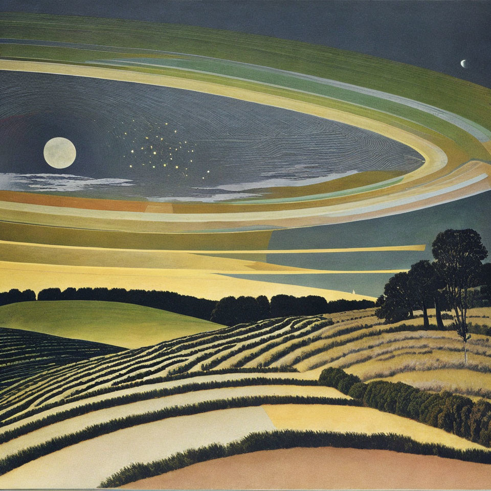 Swirling fields and hills under crescent moon and stars