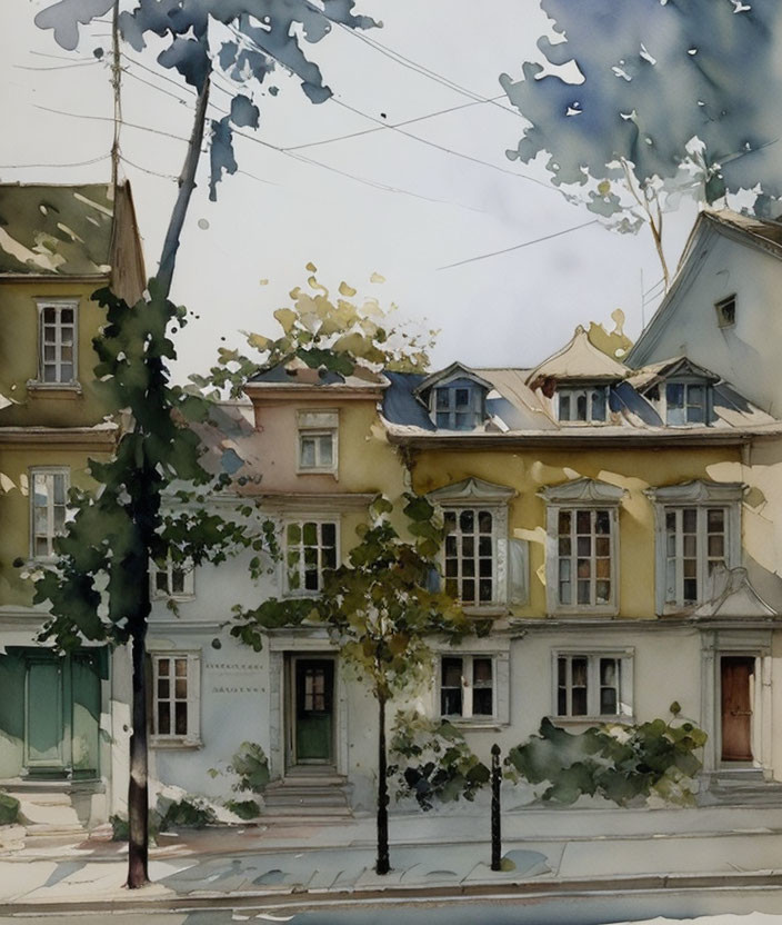 Quaint street scene with old houses and trees in soft watercolors