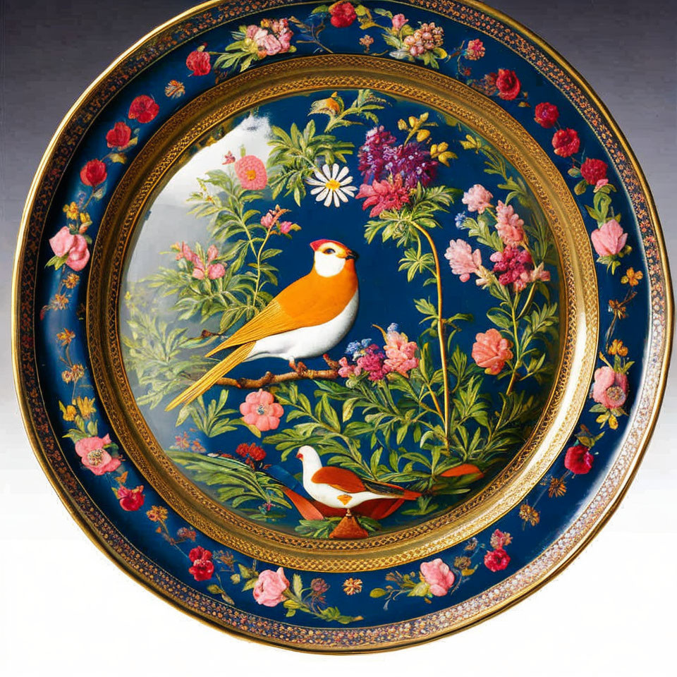 Blue and gold ornamental plate with birds and flowers design