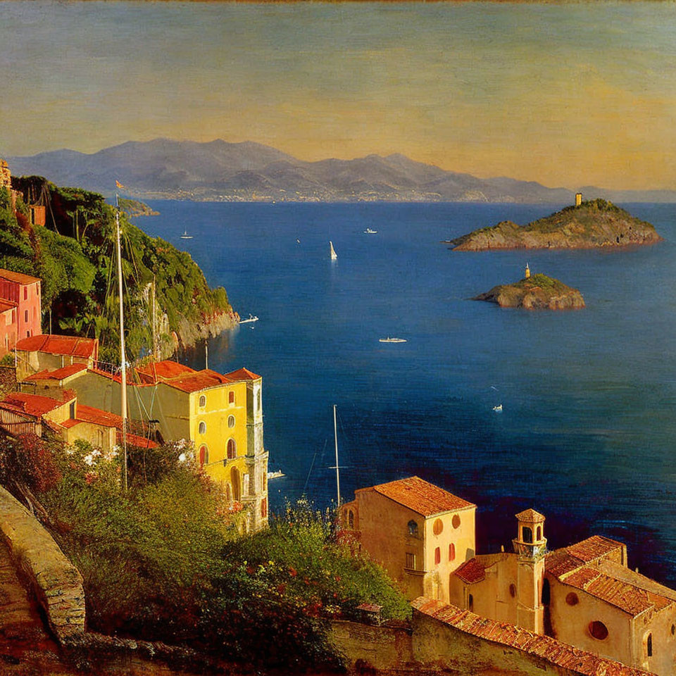 Historic coastal scene painting with calm sea, sailing boats, and distant hills at dusk or dawn