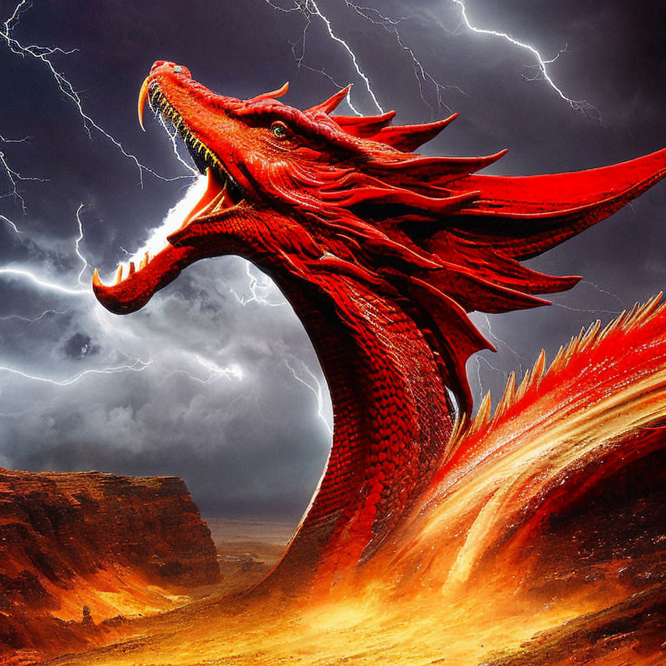 Red Dragon Roaring in Stormy Background Over Fiery Landscape