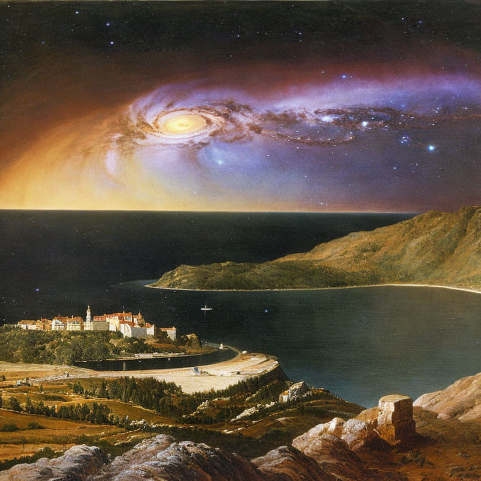 Coastal Town Night Scene with Spiral Nebula Sky