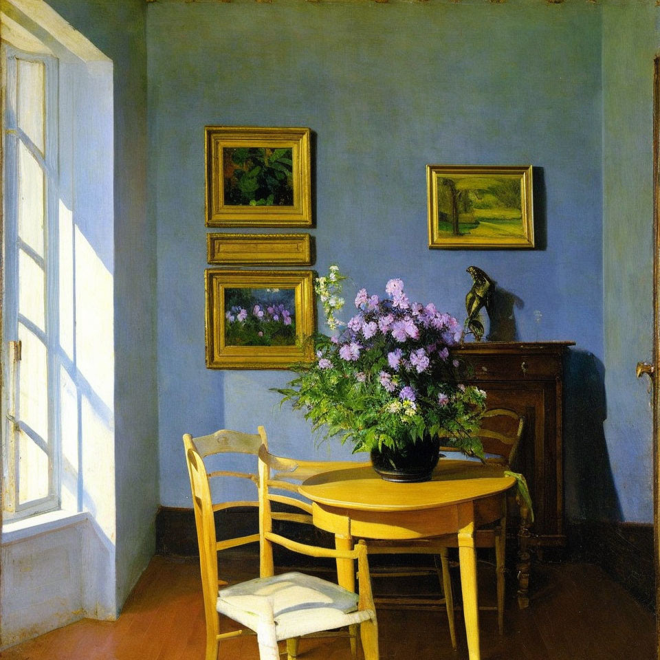 Pastel blue room with wooden floor, flowers, chairs, pictures, and sunlight.