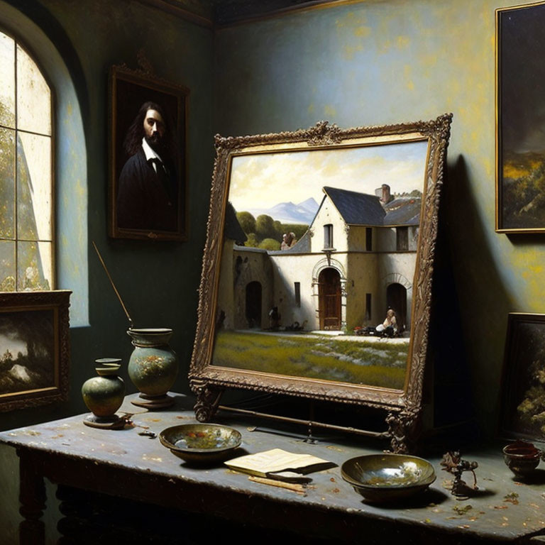 Realistic painting of room with landscape artwork, portrait, bowls, and canvas