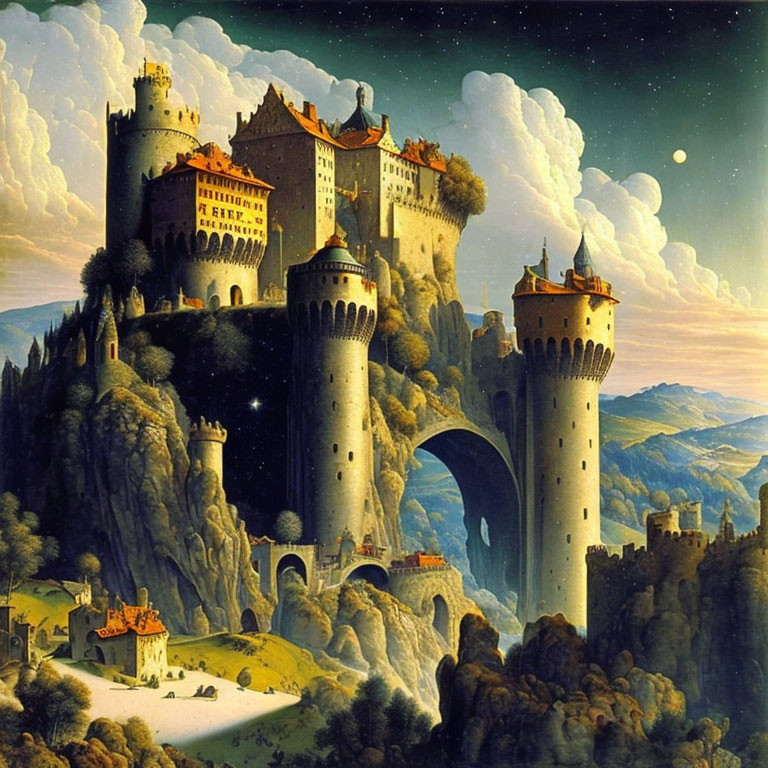 Majestic castle with towers on rocky cliff under starlit sky