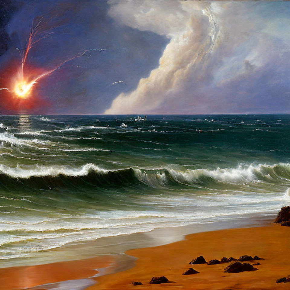 Dramatic Seascape with Turbulent Waves and Fiery Sky