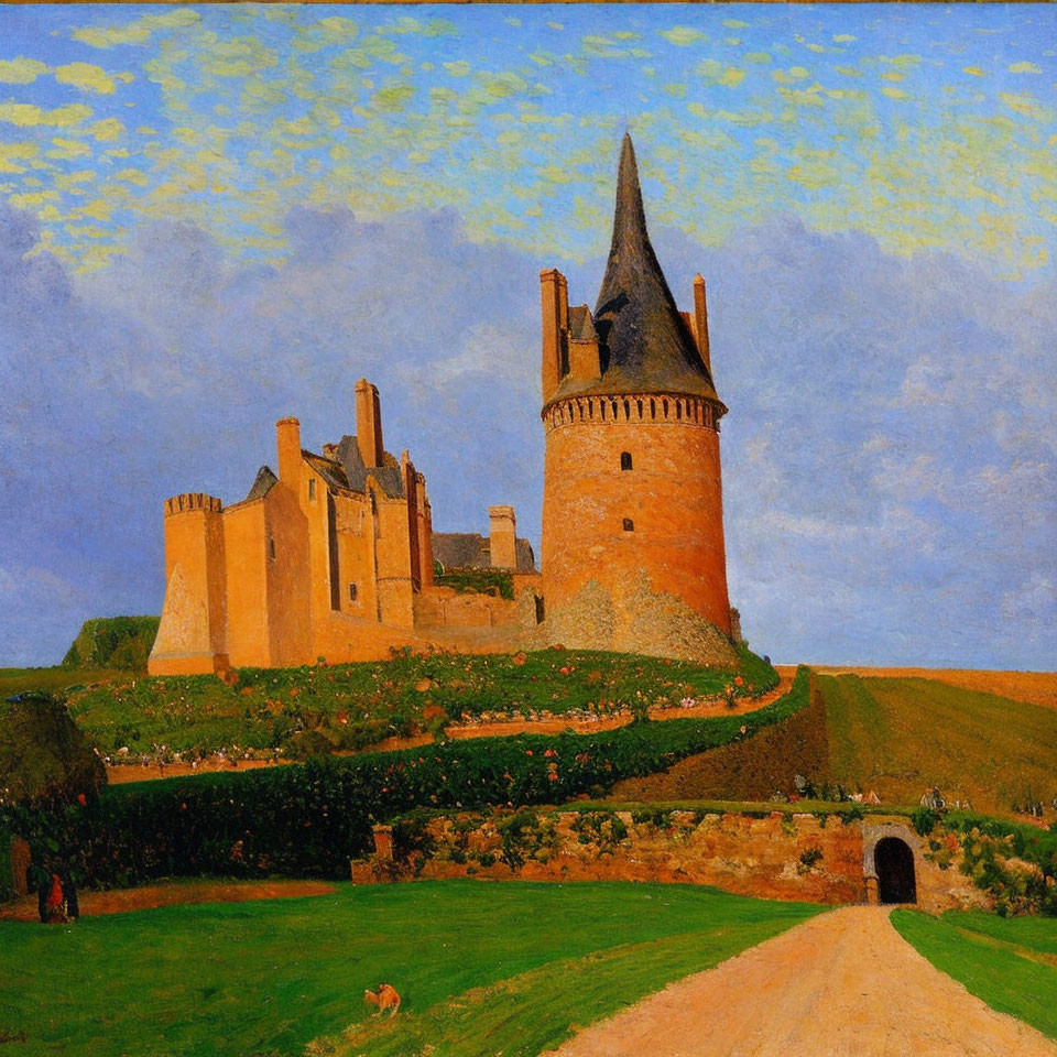 Medieval castle with tower on green hill under blue sky with path