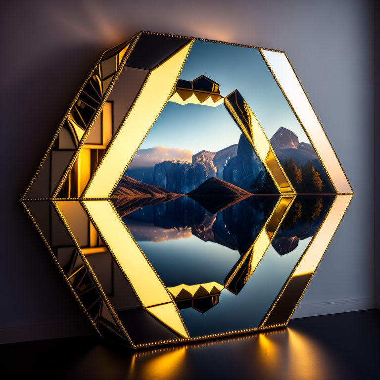 Geometric Illuminated Mirror Sculpture Reflecting Mountainous Landscape