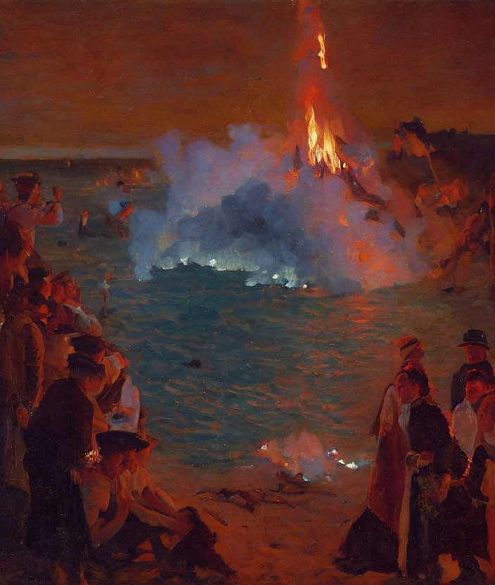 Nocturnal beach bonfire painting with people silhouetted by flames