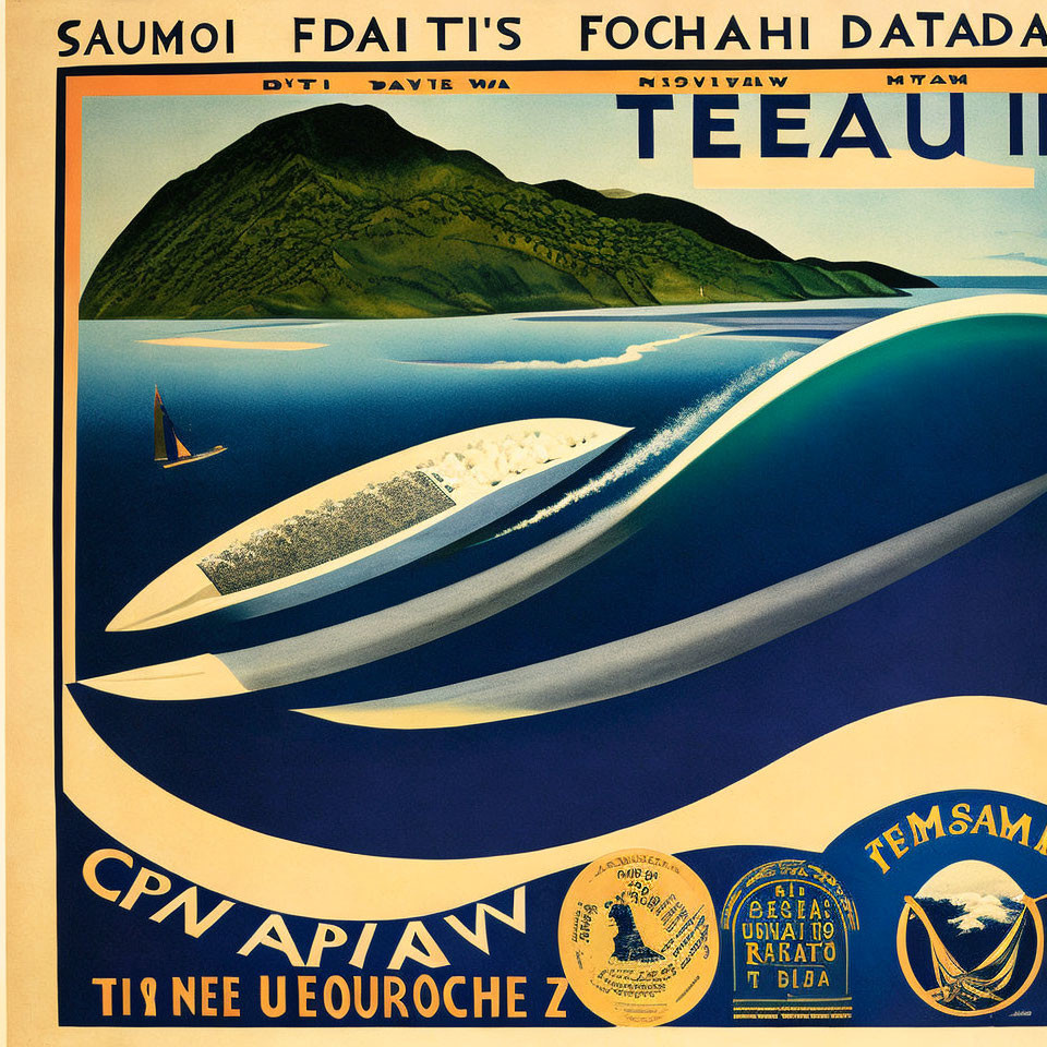 Vintage Travel Poster: Coastal Landscape with Speeding Boat & Mountains