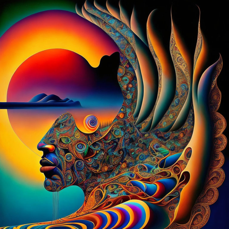 Colorful Psychedelic Human Face Profile with Swirling Patterns on Sunset Background