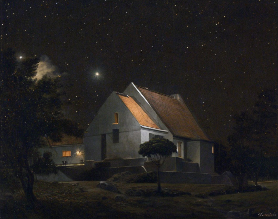 Tranquil Night Scene with Rustic House and Starlit Sky