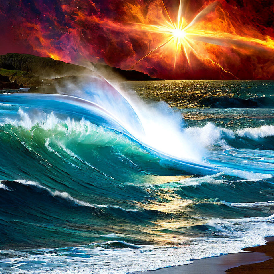 Dramatic seascape with vibrant sky and crashing wave