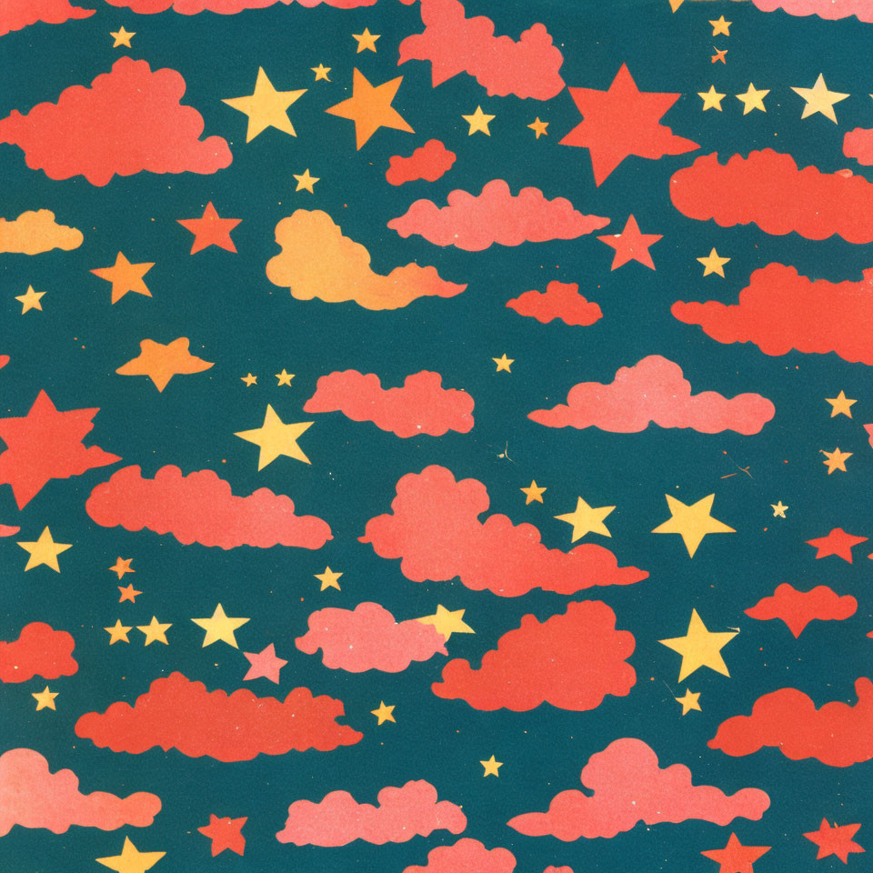 Red clouds and gold stars on dark teal background - Dreamy night sky pattern