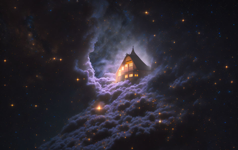 Surreal house on cloud with glowing windows in starry sky