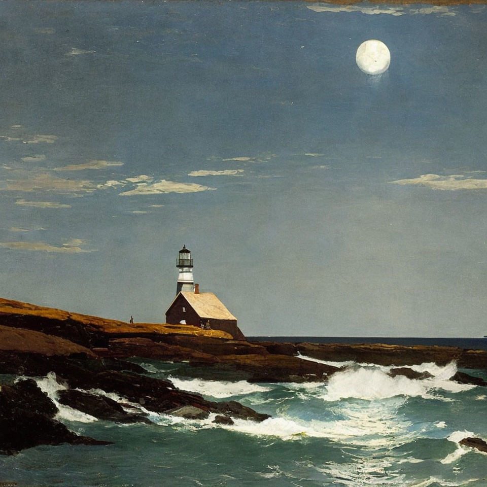 Rocky shore lighthouse under full moon with crashing waves