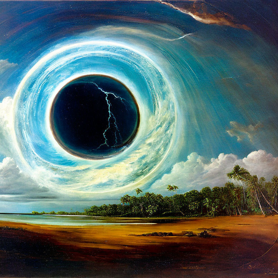 Surreal landscape: swirling blue sky, black hole, serene beach