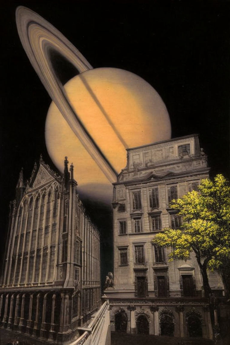 European-style street with classic buildings under surreal Saturn-dominated night sky