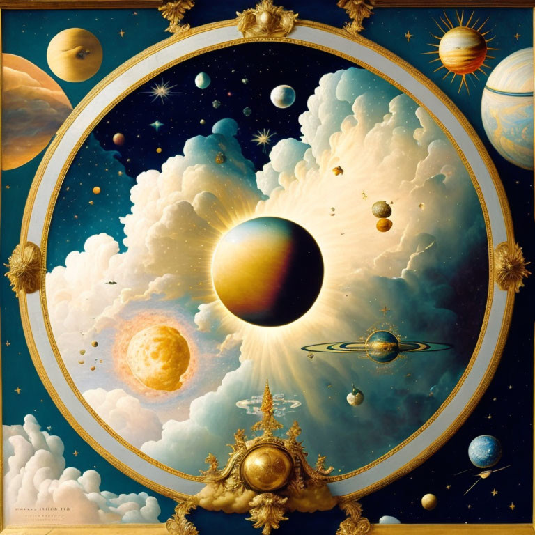 Surrealist planetary bodies in golden baroque frame