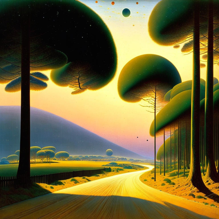 Surreal landscape with oversized mushroom-shaped trees and multiple planets in twilight sky