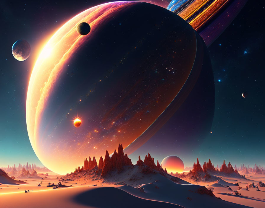 Vibrant surreal outer space landscape with planets and moons over desert terrain