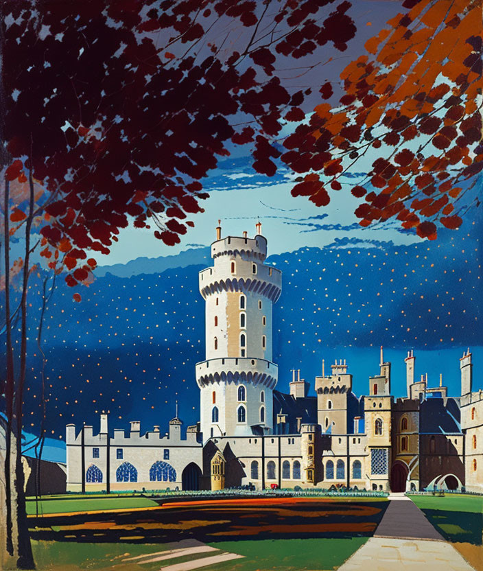 Castle painting with central tower, autumn leaves, starry night sky