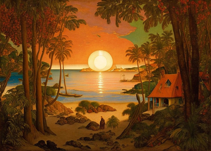 Tropical sunset with orange sky, sunlit sea, house, palm trees, and person on beach