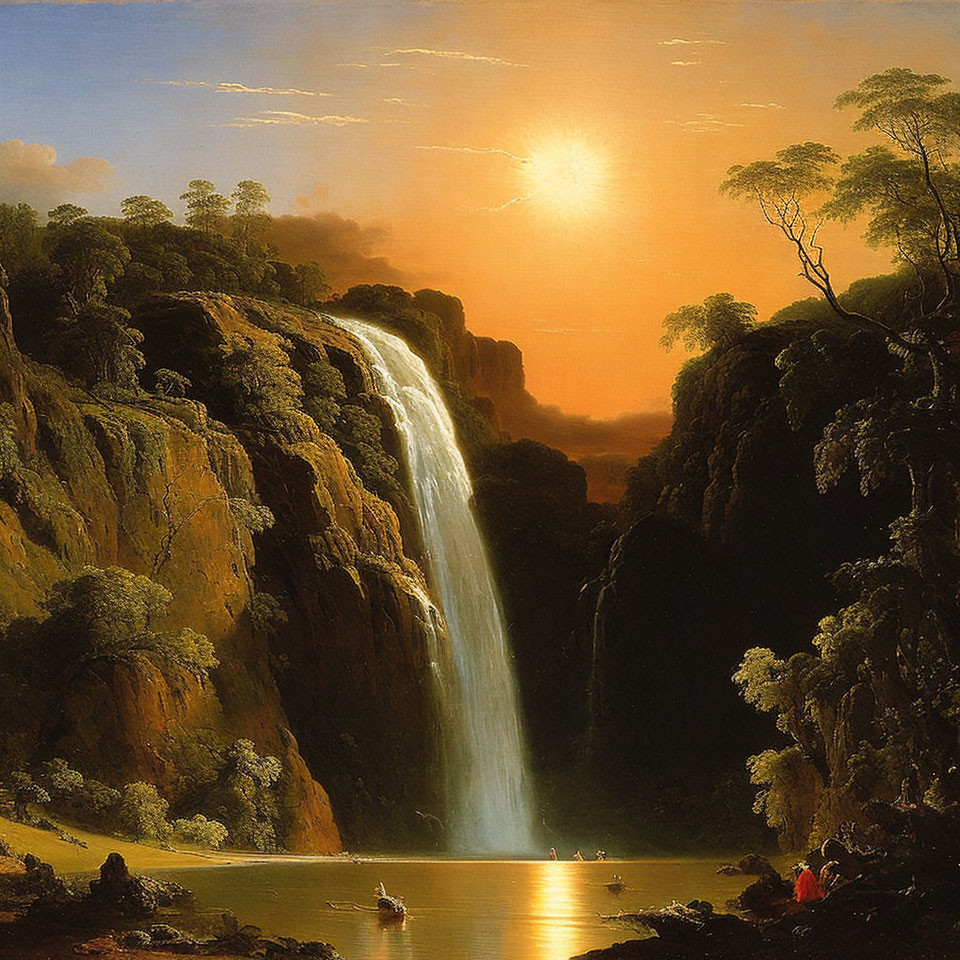 Scenic painting of majestic waterfall at sunset with observers in boat and onshore