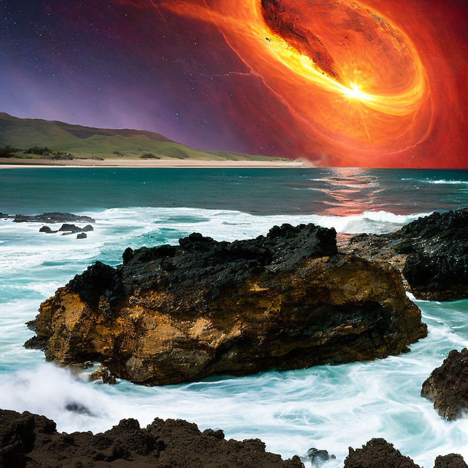 Surreal coastal landscape with giant red celestial body above turbulent ocean and rocky shores