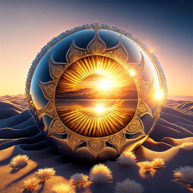 Ornate glowing sphere in surreal desert sunset scene