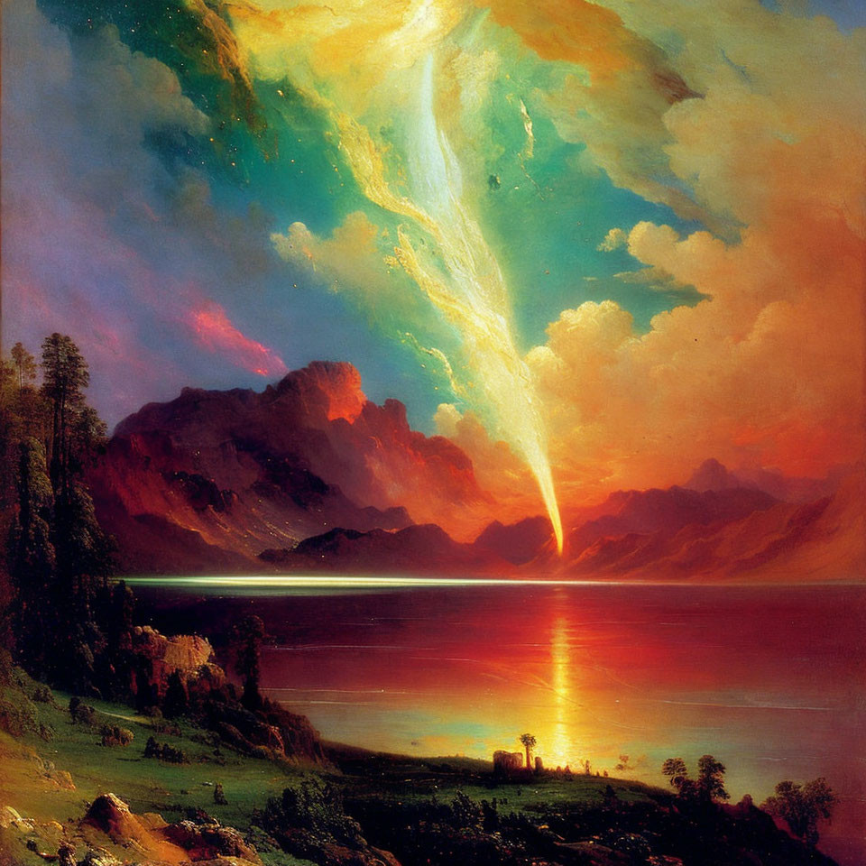 Colorful painting of comet in dramatic sunset sky over water with silhouetted figures