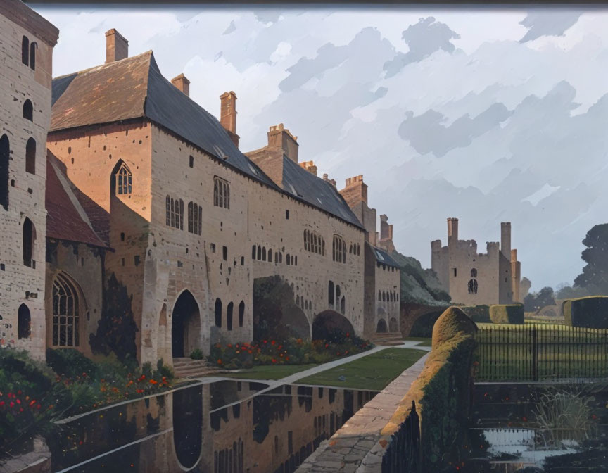 Medieval castle painting with moat, greenery, and flowers