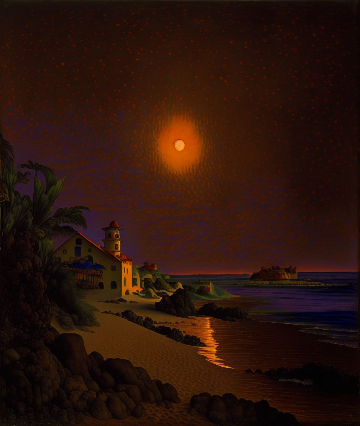 Surreal twilight coastal town with moonlit sky