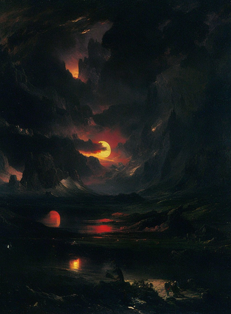 Dramatic Nocturnal Landscape: Red Moon, Clouds, Water Reflection