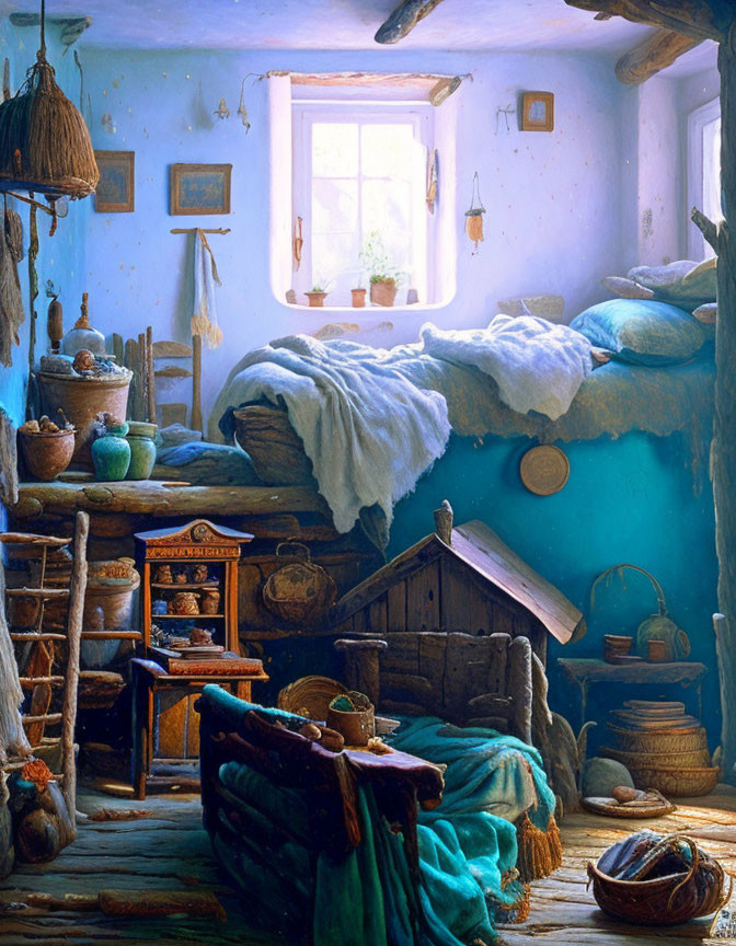 Rustic interior with unmade bed, wooden furniture, pottery, baskets & sunlight