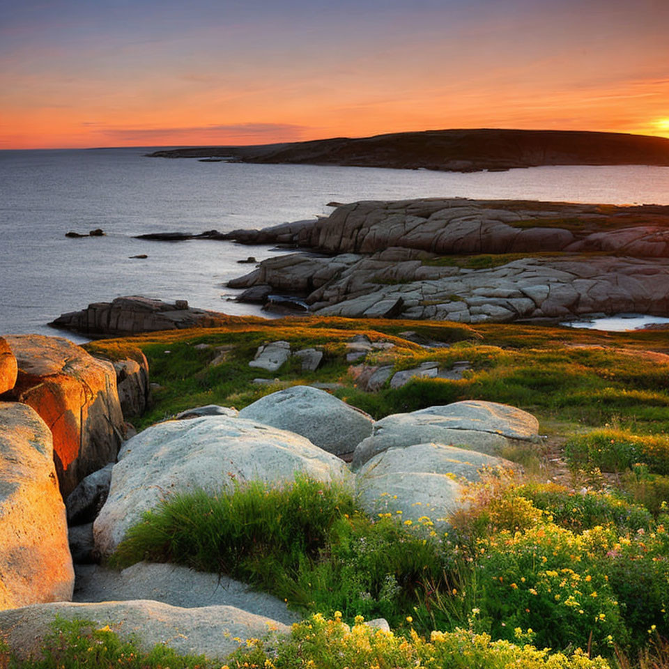 Scenic sunset view of rocky shoreline and calm sea