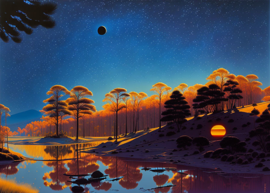 Digital art: Serene night landscape with starry sky, glowing sunset on lake, tree silhou