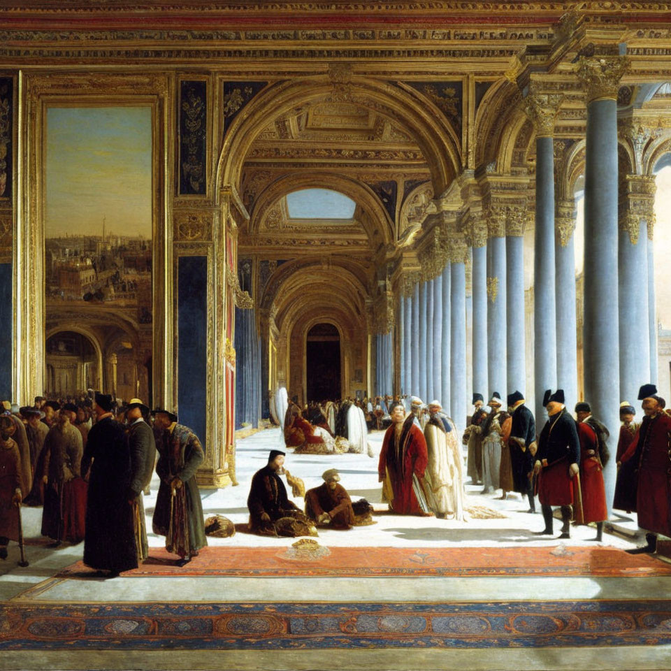 Opulent painting of ornate hallway with historical figures