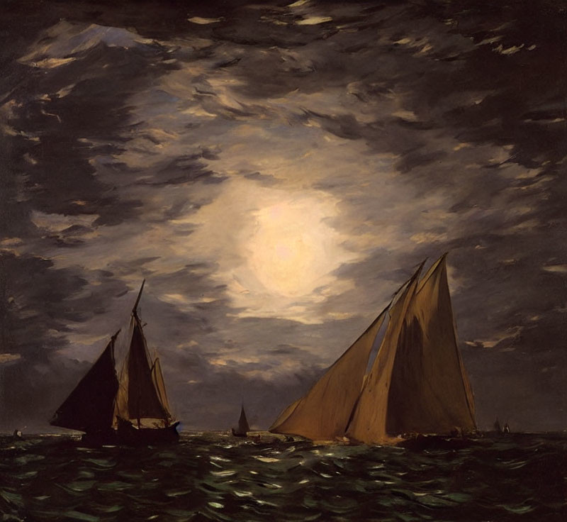 Moonlit night sky over sailing boats on rough seas