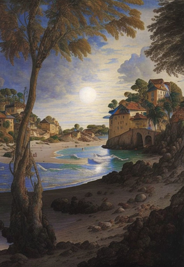 Tranquil dusk seascape with full moon, silhouetted trees, and coastal houses