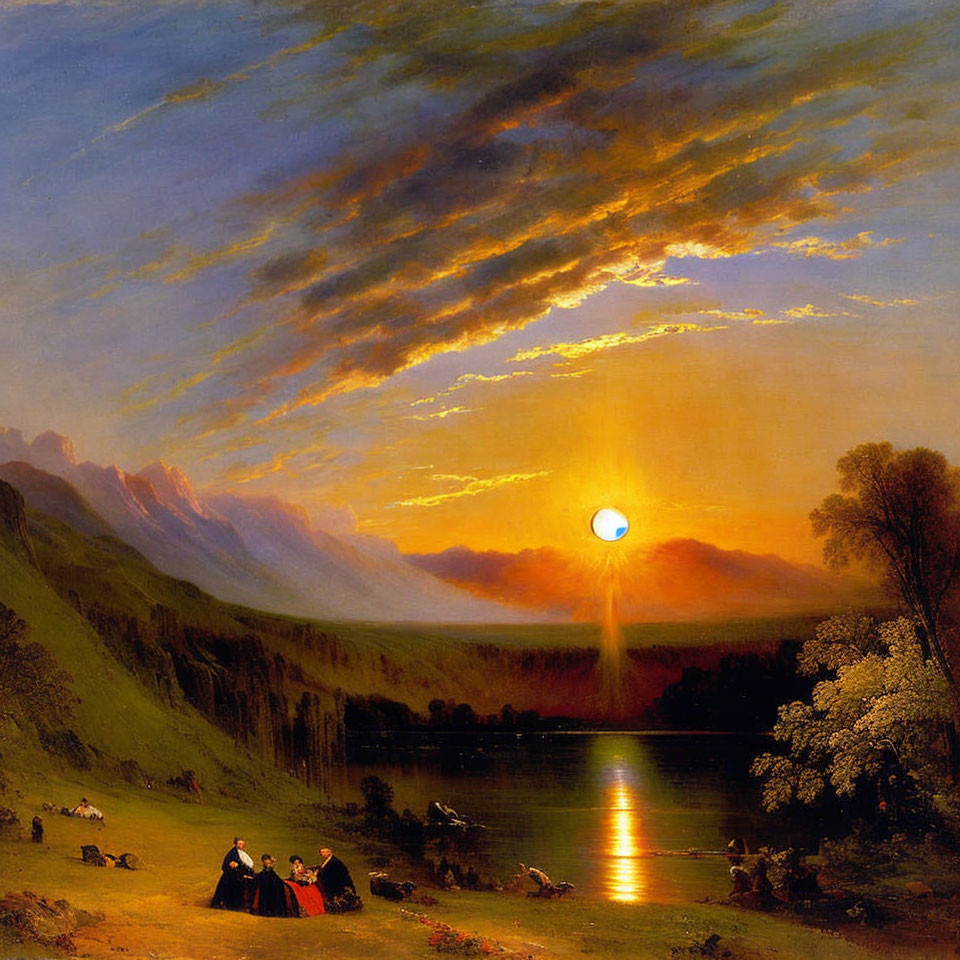 Dramatic sunset painting: golden hues, tranquil lake, lush hillsides, people.